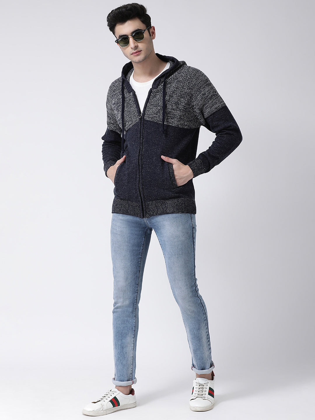 Navy Blue Grey Front-Open Sweater