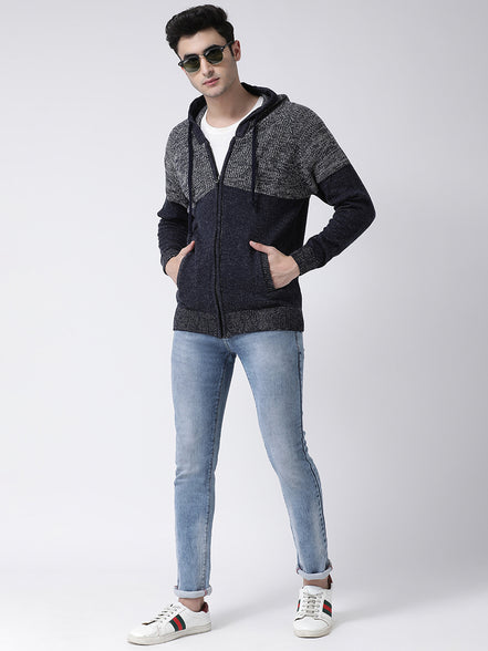 Navy Blue Grey Front-Open Sweater