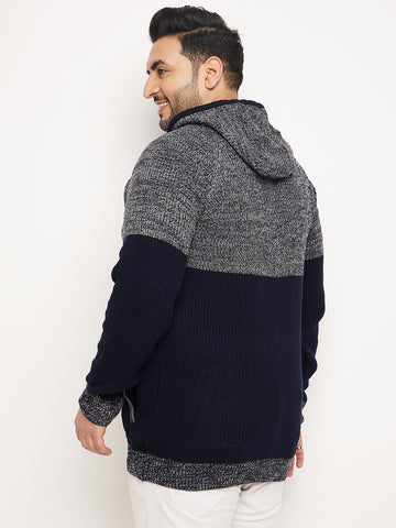 Dark Blue Colorblocked Hooded Sweater
