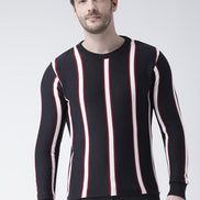 Navy Blue Sweater Has Vertical Stripes