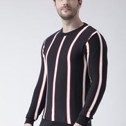 Navy Blue Sweater Has Vertical Stripes
