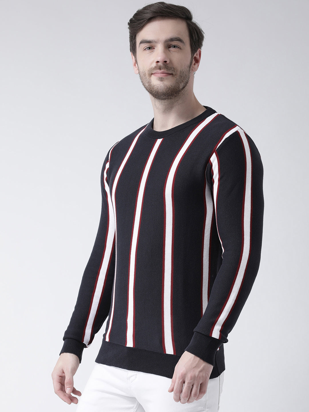 Navy Blue Sweater Has Vertical Stripes