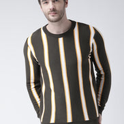 Olive Sweater Has Vertical Stripes