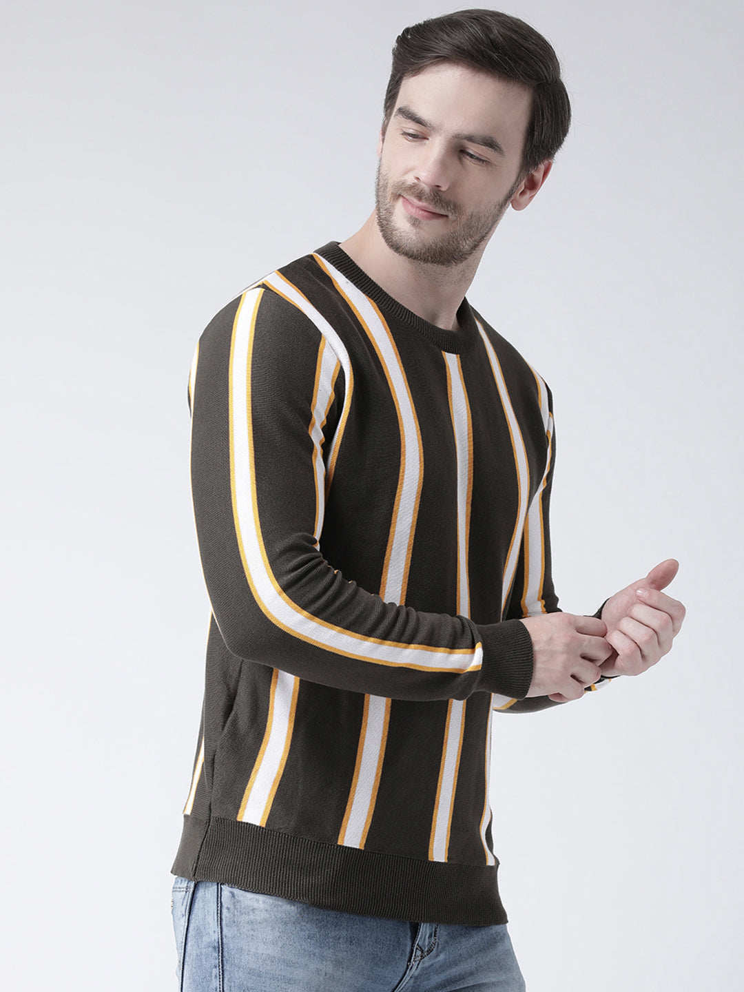 Olive Sweater Has Vertical Stripes