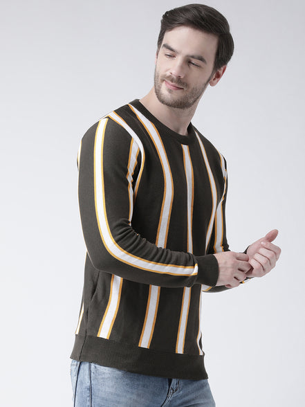 Olive Sweater Has Vertical Stripes