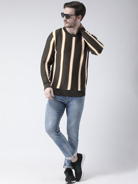 Olive Sweater Has Vertical Stripes
