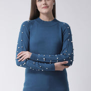 Teal Round Neck Sweater With Pearl