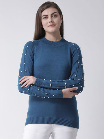 Teal Round Neck Sweater With Pearl