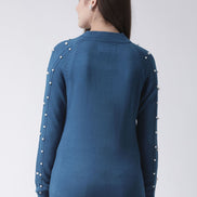 Teal Round Neck Sweater With Pearl