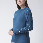 Teal Round Neck Sweater With Pearl