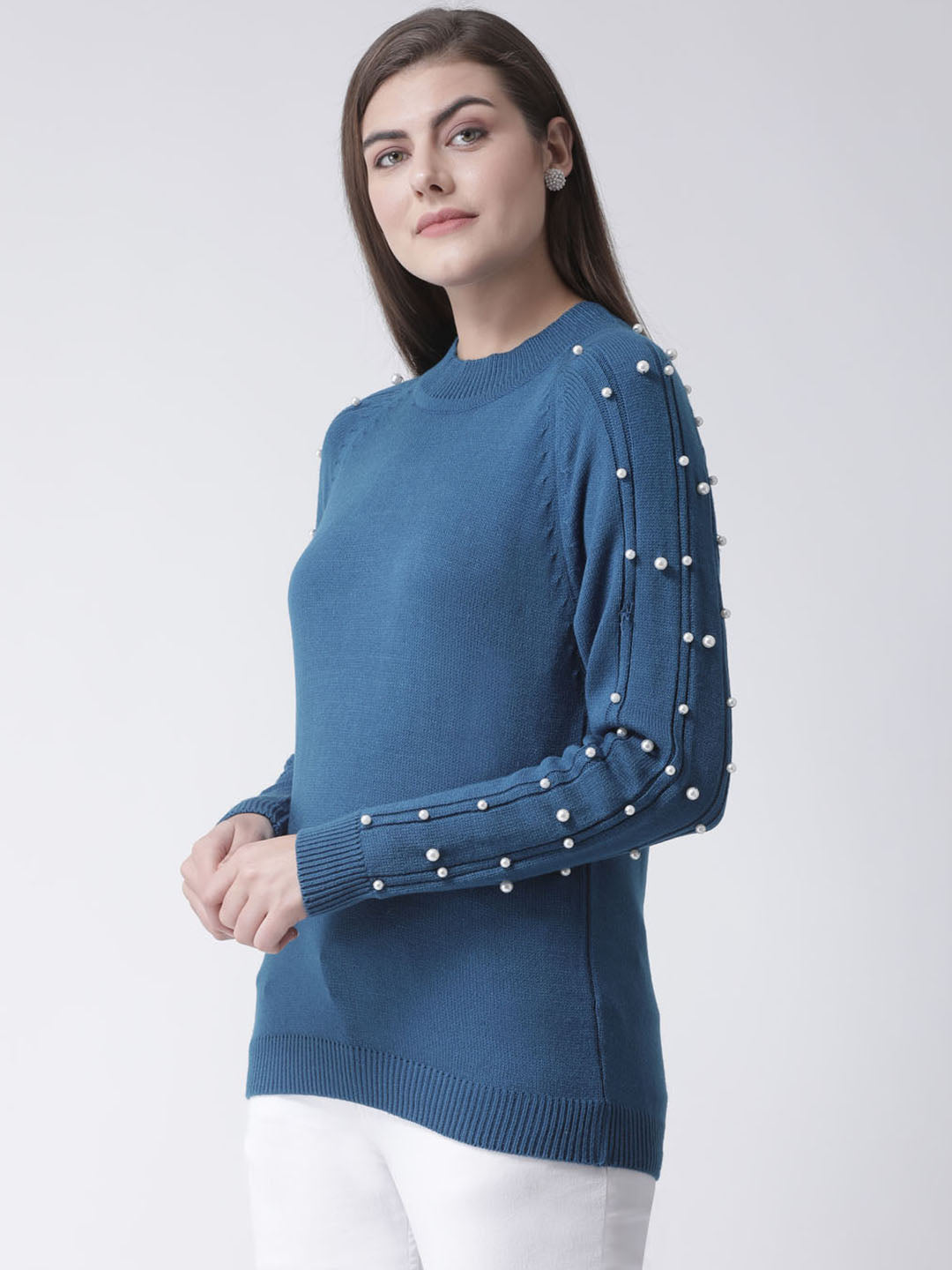 Teal Round Neck Sweater With Pearl