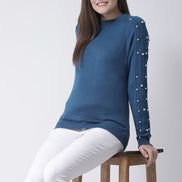 Teal Round Neck Sweater With Pearl