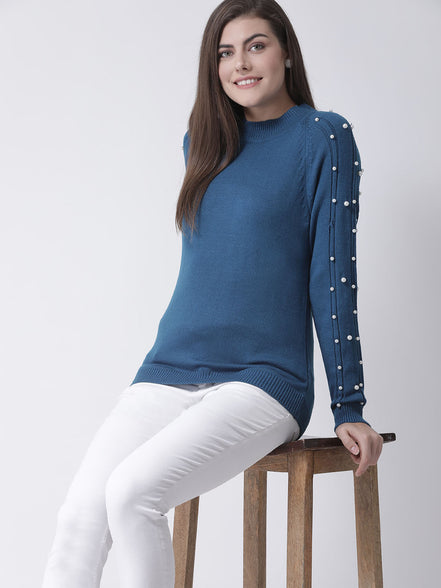 Teal Round Neck Sweater With Pearl