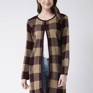 Beige  Coffee Brown Checked Open Front Shrug