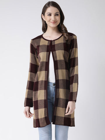 Beige  Coffee Brown Checked Open Front Shrug