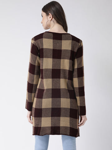 Beige  Coffee Brown Checked Open Front Shrug