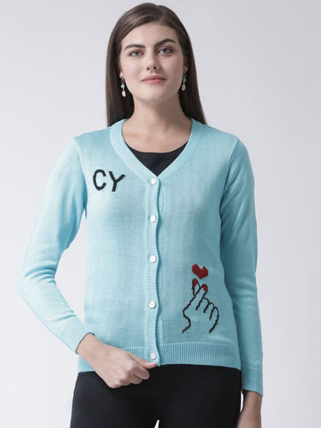 Sky Blue Printed V-Neck Cardigan