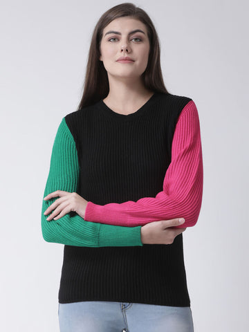 Black Colourblocked Round Neck Sweater