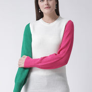 White Colourblocked Round Neck Sweater
