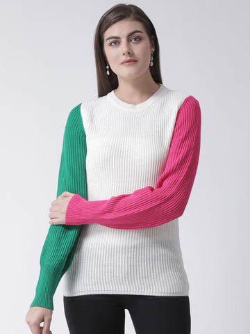 White Colourblocked Round Neck Sweater