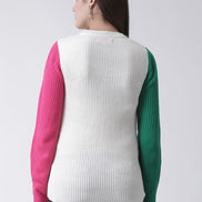 White Colourblocked Round Neck Sweater
