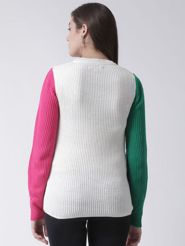 White Colourblocked Round Neck Sweater