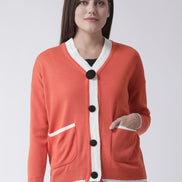 Orange Solid V-Neck Cardigan With Front Pocket
