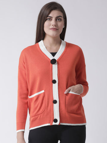 Orange Solid V-Neck Cardigan With Front Pocket