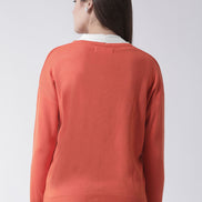 Orange Solid V-Neck Cardigan With Front Pocket