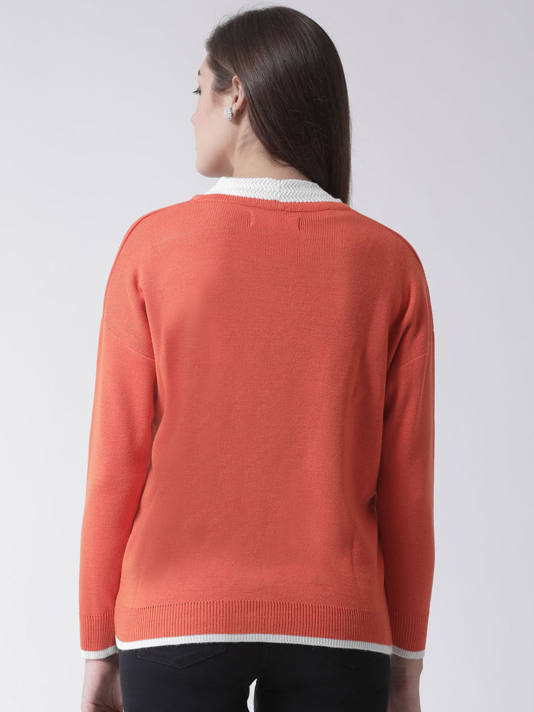 Orange Solid V-Neck Cardigan With Front Pocket