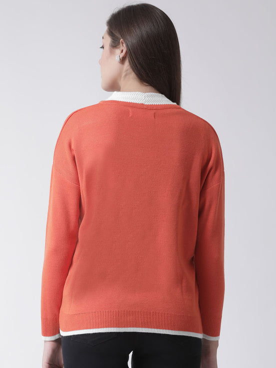 Orange Solid V-Neck Cardigan With Front Pocket