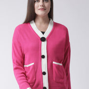 Pink Solid V-Neck Cardigan With Front Pocket