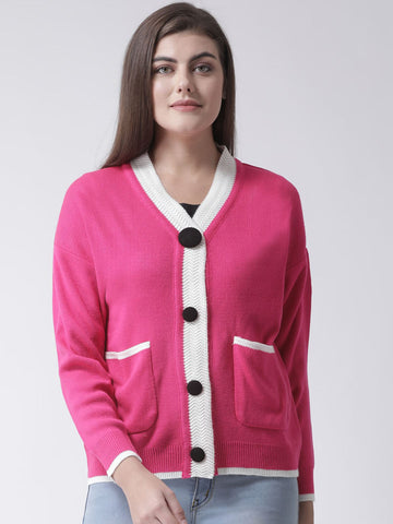 Pink Solid V-Neck Cardigan With Front Pocket