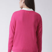 Pink Solid V-Neck Cardigan With Front Pocket