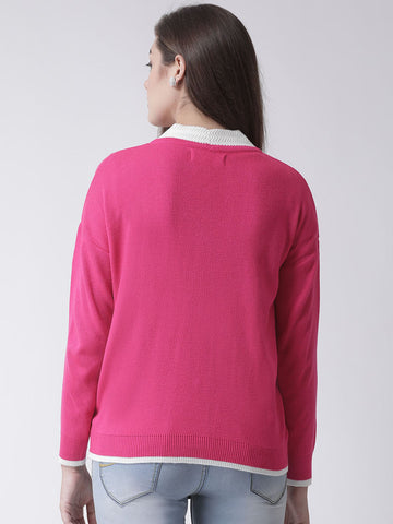 Pink Solid V-Neck Cardigan With Front Pocket