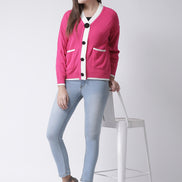 Pink Solid V-Neck Cardigan With Front Pocket