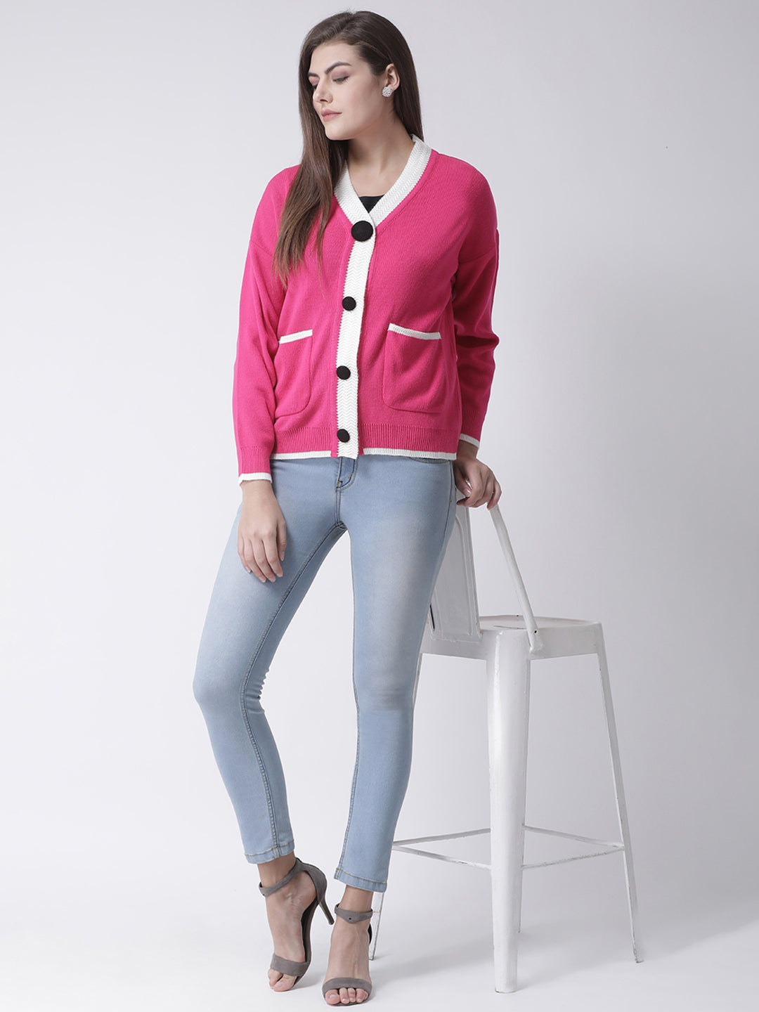 Pink Solid V-Neck Cardigan With Front Pocket