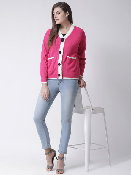 Pink Solid V-Neck Cardigan With Front Pocket