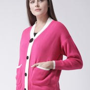 Pink Solid V-Neck Cardigan With Front Pocket