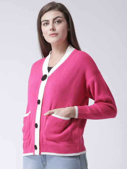Pink Solid V-Neck Cardigan With Front Pocket