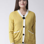 Mustard Solid V-Neck Cardigan With Front Pocket