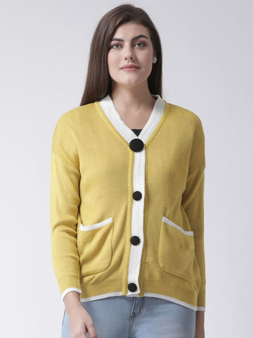 Mustard Solid V-Neck Cardigan With Front Pocket