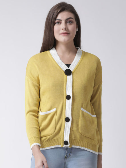 Mustard Solid V-Neck Cardigan With Front Pocket
