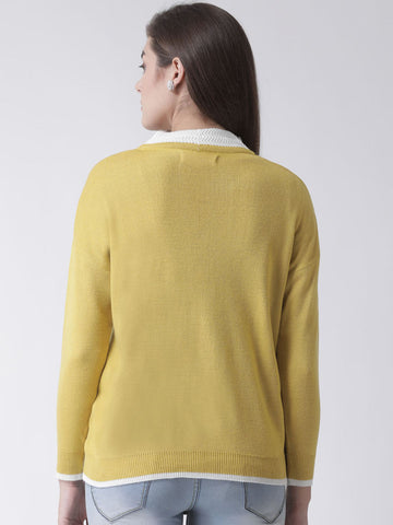 Mustard Solid V-Neck Cardigan With Front Pocket