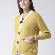 Mustard Solid V-Neck Cardigan With Front Pocket