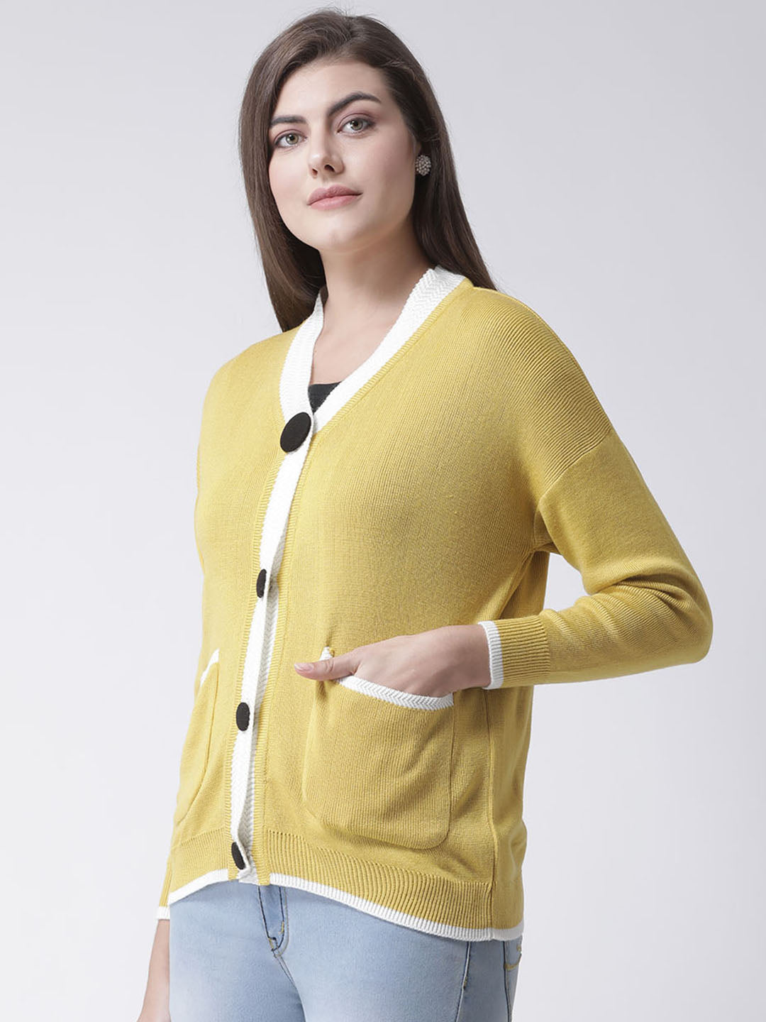 Mustard Solid V-Neck Cardigan With Front Pocket
