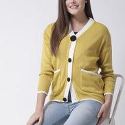 Mustard Solid V-Neck Cardigan With Front Pocket