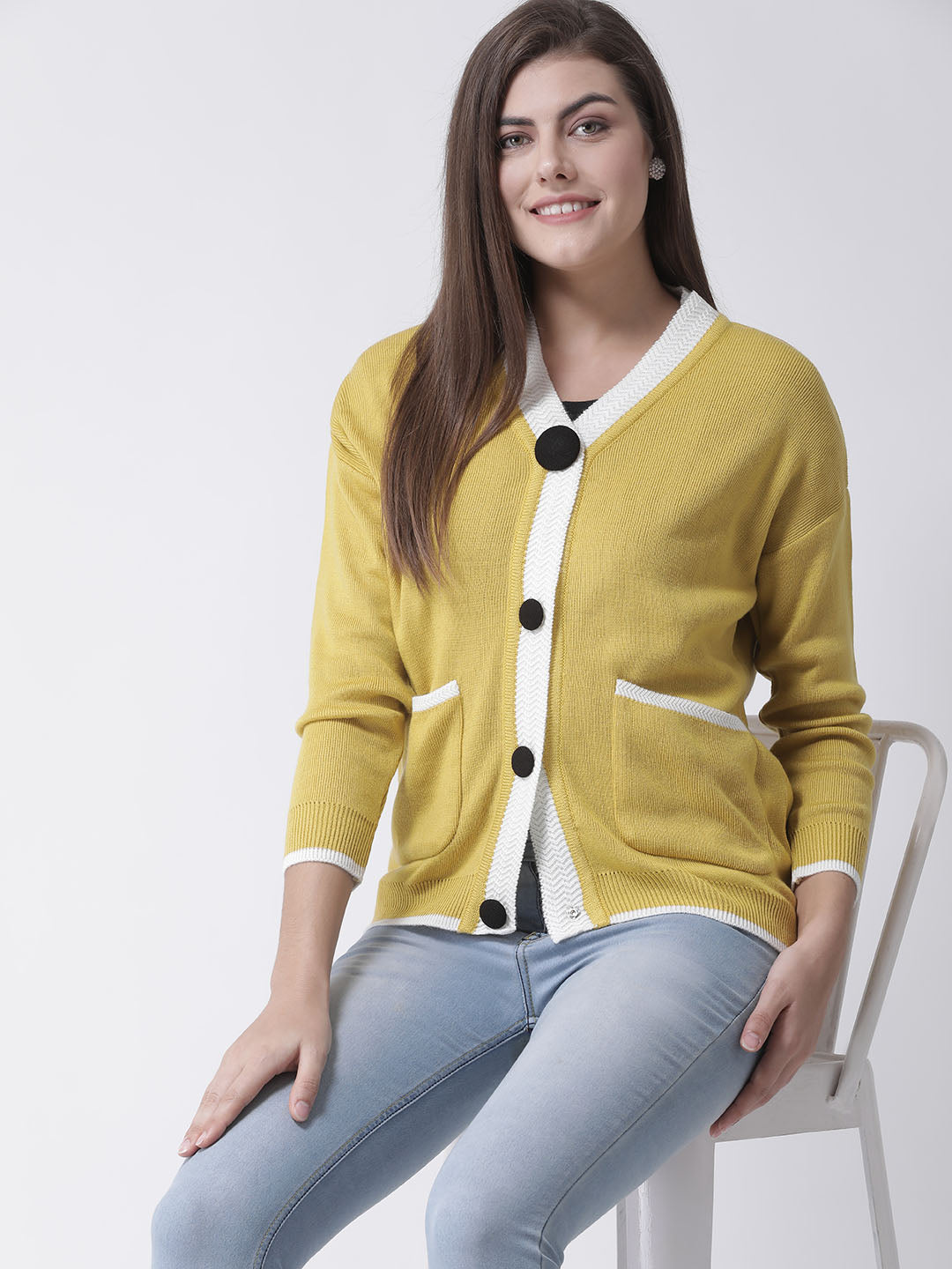 Mustard Solid V-Neck Cardigan With Front Pocket
