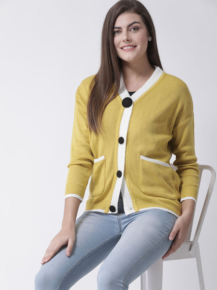 Mustard Solid V-Neck Cardigan With Front Pocket