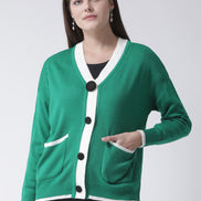 Green Solid V-Neck Cardigan With Front Pocket